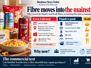 Editorial infographic showing how major food and beverage companies are adding fibre to mainstream products, featuring zero-sugar and prebiotic sodas, fibre snacks and mac and cheese, with panels highlighting Coca-Cola’s regional trial, PepsiCo’s nationwide push and Kraft Heinz’s PowerMac launch.