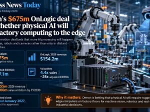 Infographic-style feature image showing robotic arms, a machine-vision camera and a rugged industrial edge computer on a factory floor, with key figures on Omron’s $675 million acquisition of OnLogic, including $154.2 million 2025 revenue, $27.1 million adjusted EBITDA, valuation multiples, growth targets and the expected January 2027 close.